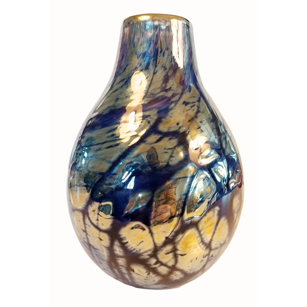 BEAUTIFUL HANDBLOWN GLASS VASE SIGNED by JIM DOWNEY, BLUE/VIOLET/GOLD, 5.5" 2009